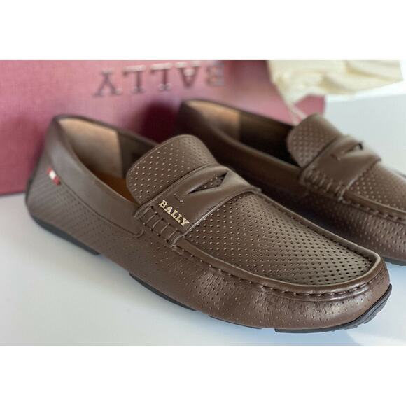 Bally Perforated Men's Calf Leather Driver Loafers Coconut 11 D US 6231354 NIB - Picture 3 of 10